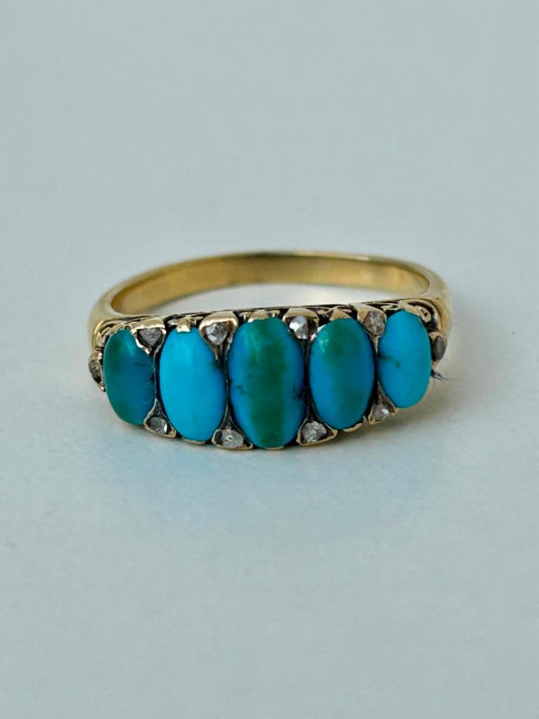 Chunky 18ct Yellow Gold Turquoise and Diamond 5 Stone Ring - Bild 2 aus 5