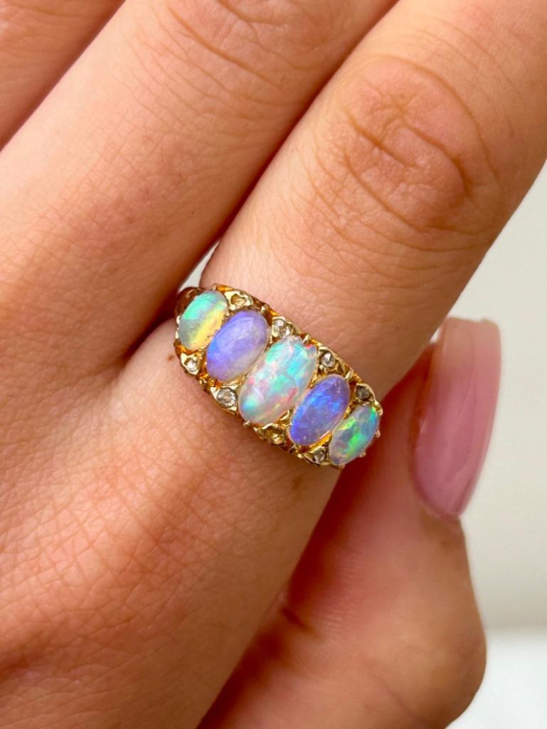 Antique Opal 5 Stone Ring with Diamonds Points - Image 2 of 8