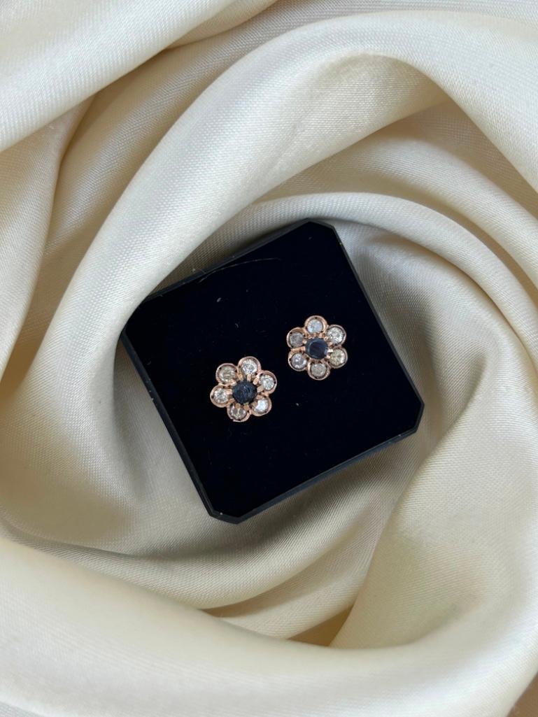 Gold Sapphire and Diamond Flower Stud Style Earrings - Image 4 of 6