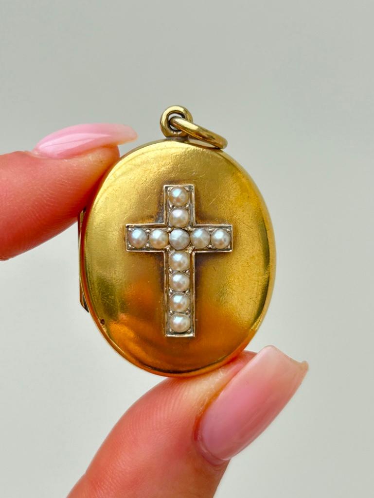 Antique 18ct Yellow Gold Pearl Cross Locket Pendant - Image 3 of 6