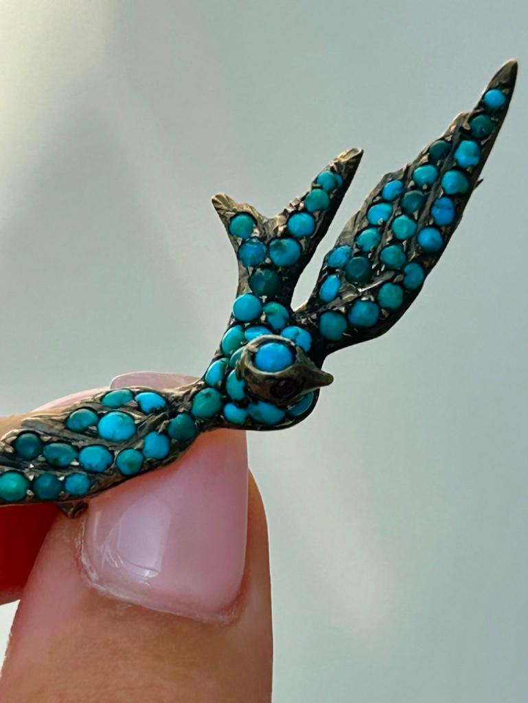 Victorian Era Antique Boxed Turquoise Bird Brooch - Image 3 of 5