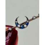 Antique Gold Sapphire and Diamond Crescent Bar Brooch in Antique Box