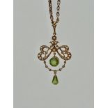 Antique 18ct Yellow Gold Peridot and Pearl Bow Pendant on Gold Chain