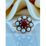 Chunky 9ct Yellow Gold Garnet and Pearl Ring