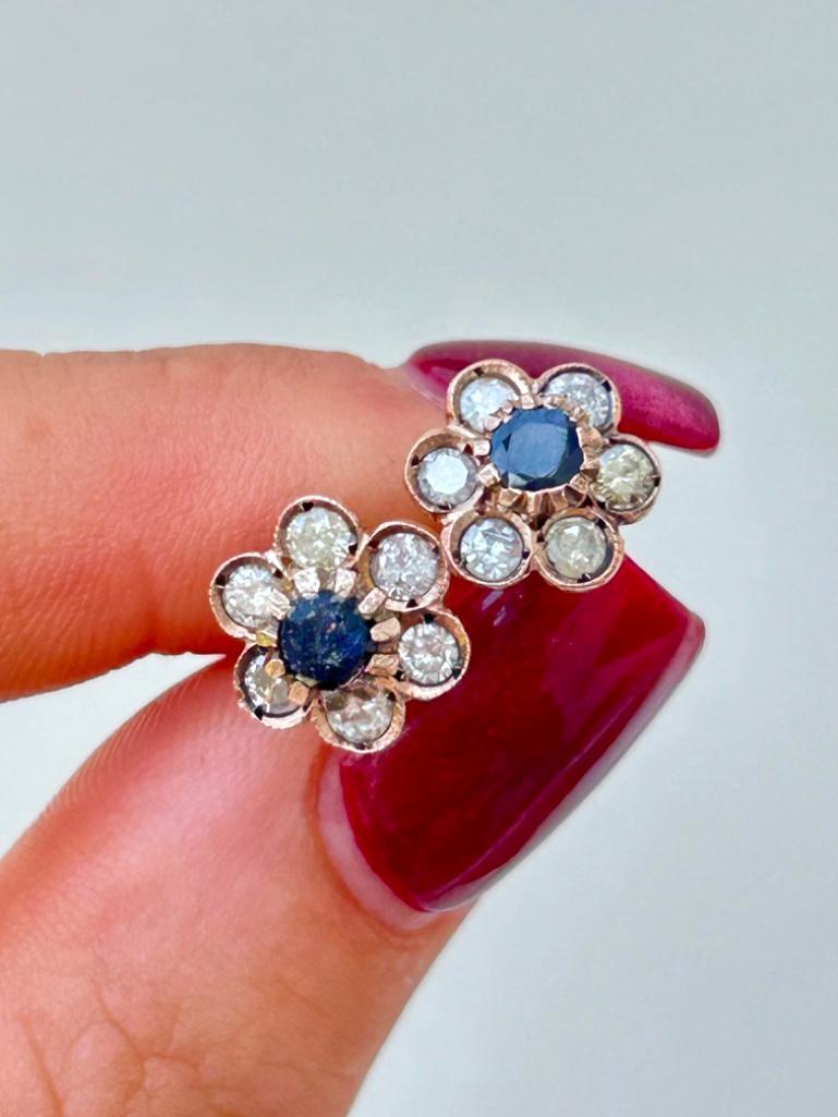 Gold Sapphire and Diamond Flower Stud Style Earrings - Image 2 of 6