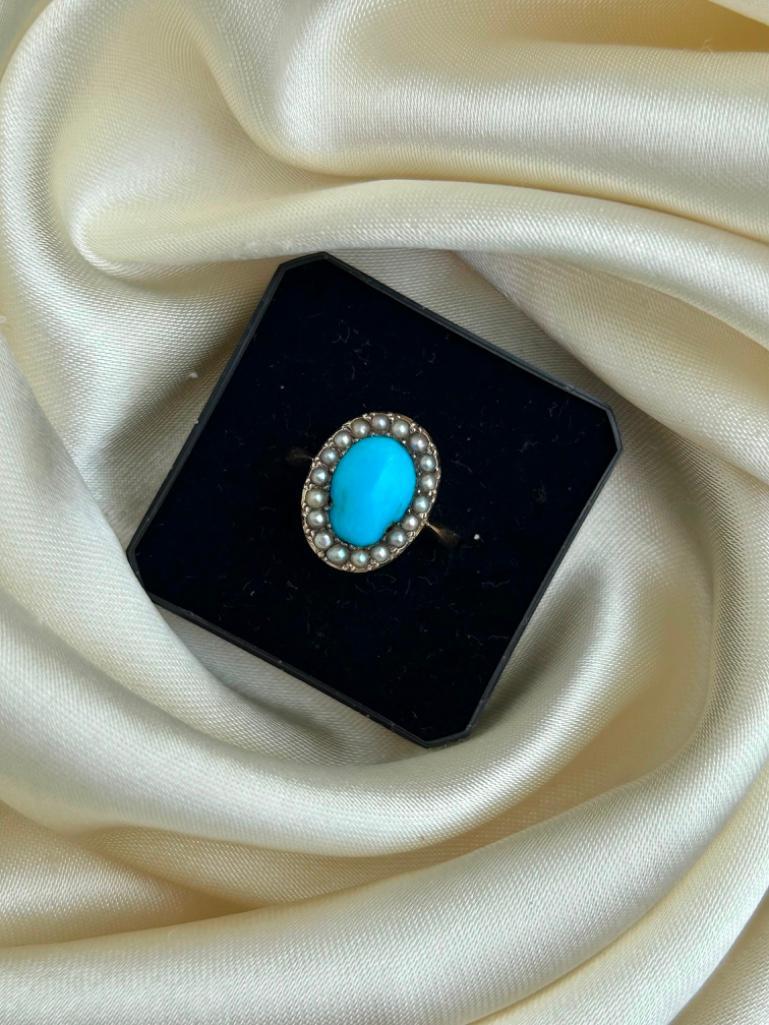Chunky 9ct Gold Turquoise and Pearl Ring - Bild 5 aus 5