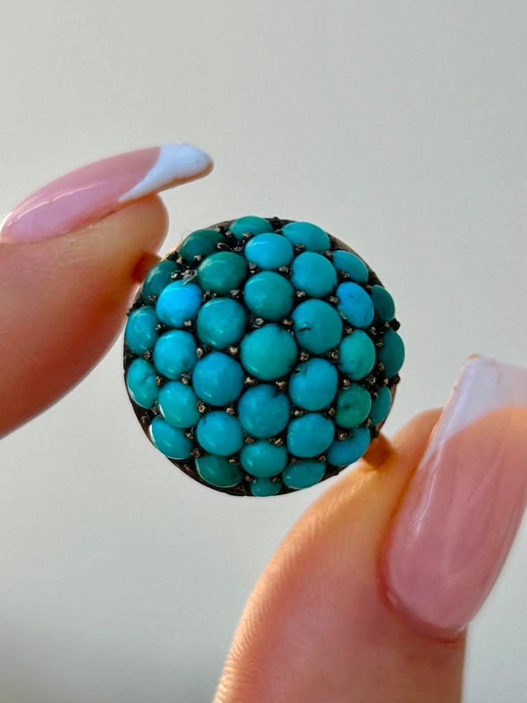 Antique 9ct Gold Turquoise Bombe Cluster Ring - Image 3 of 9