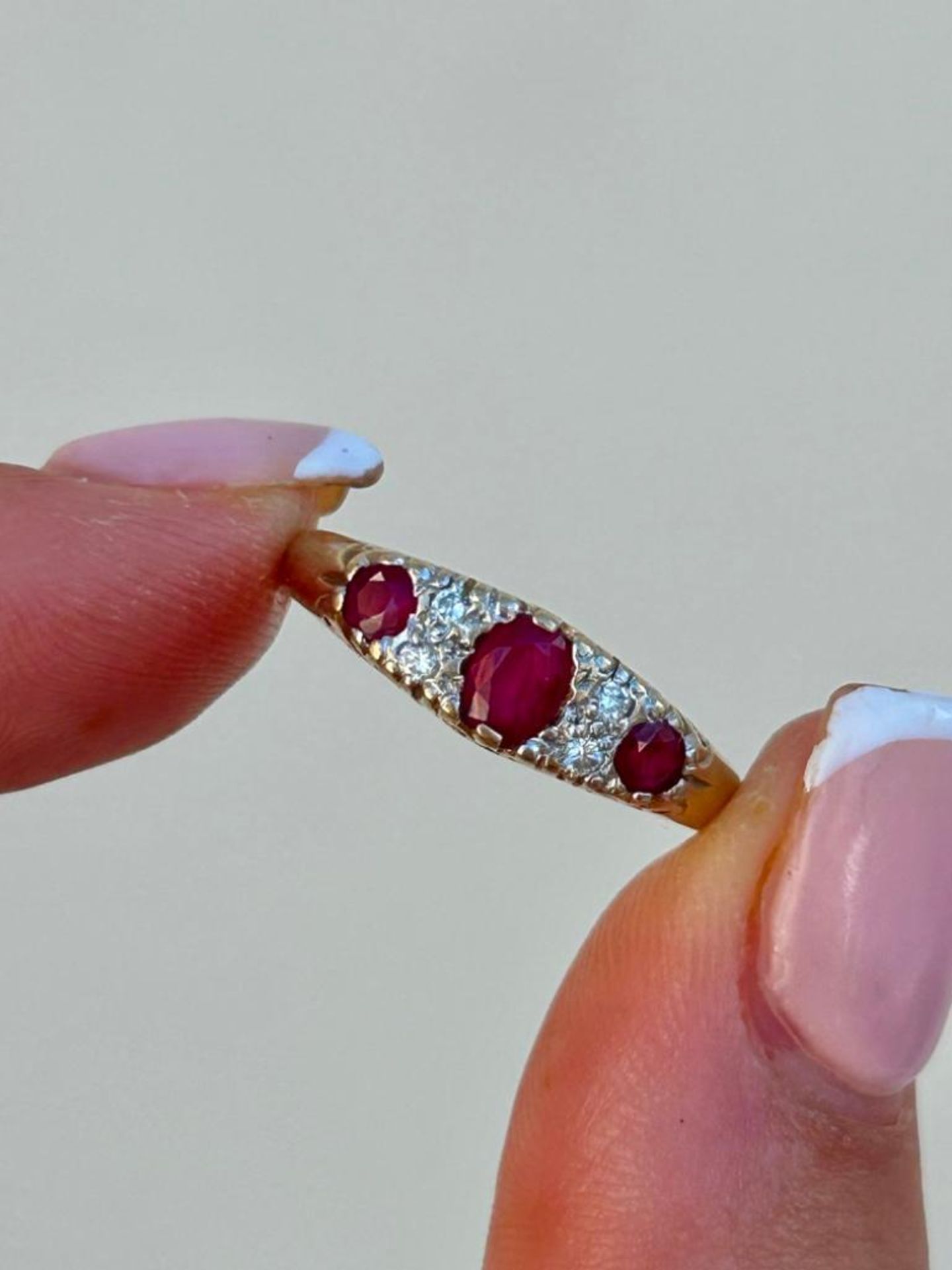 Chunky Vintage 9ct Gold Ruby and Diamond 3 Stone Ring