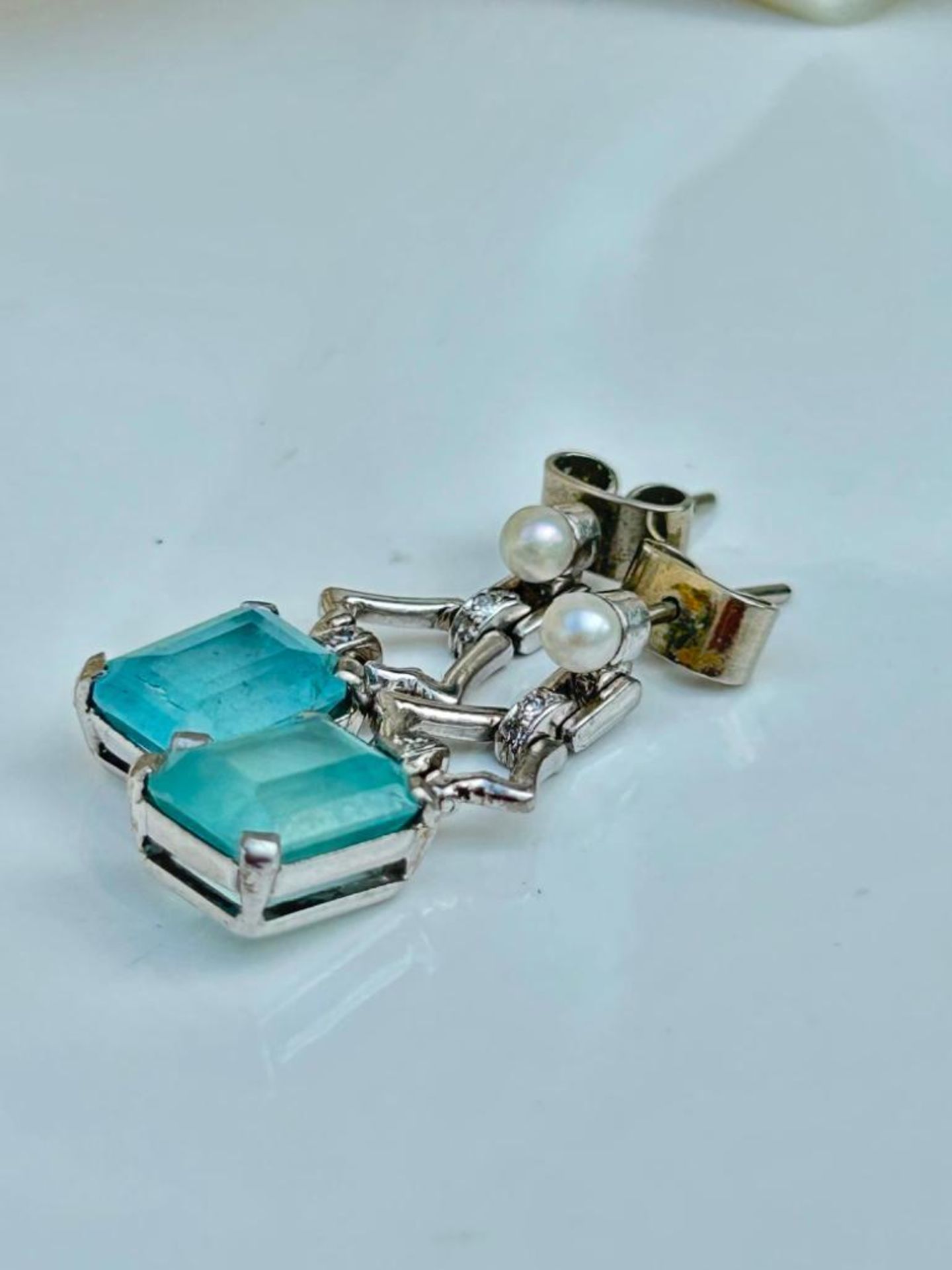 Aquamarine Diamond and Pearl 18ct White Gold Drop Earrings - Image 6 of 6