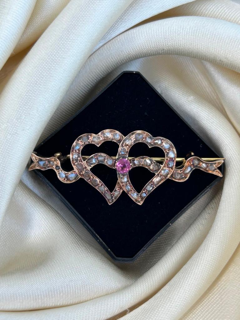 Antique Double Diamond and Ruby Double Hearts Brooch In Gold - Image 4 of 9