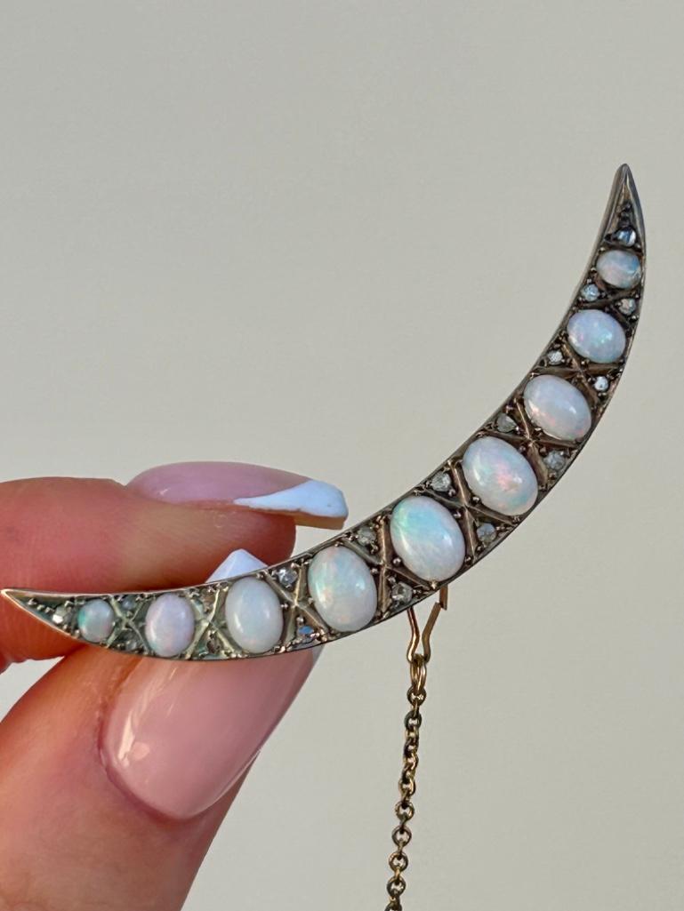 Antique Cabochon Opal and Diamond Crescent Brooch in Gold