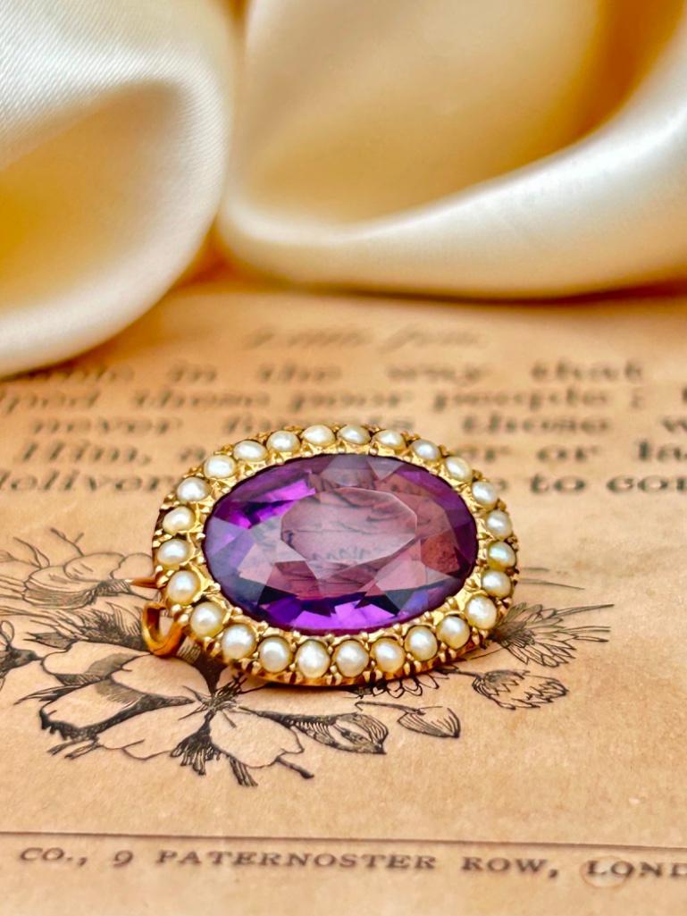 Antique Gold Amethyst and Pearl Brooch