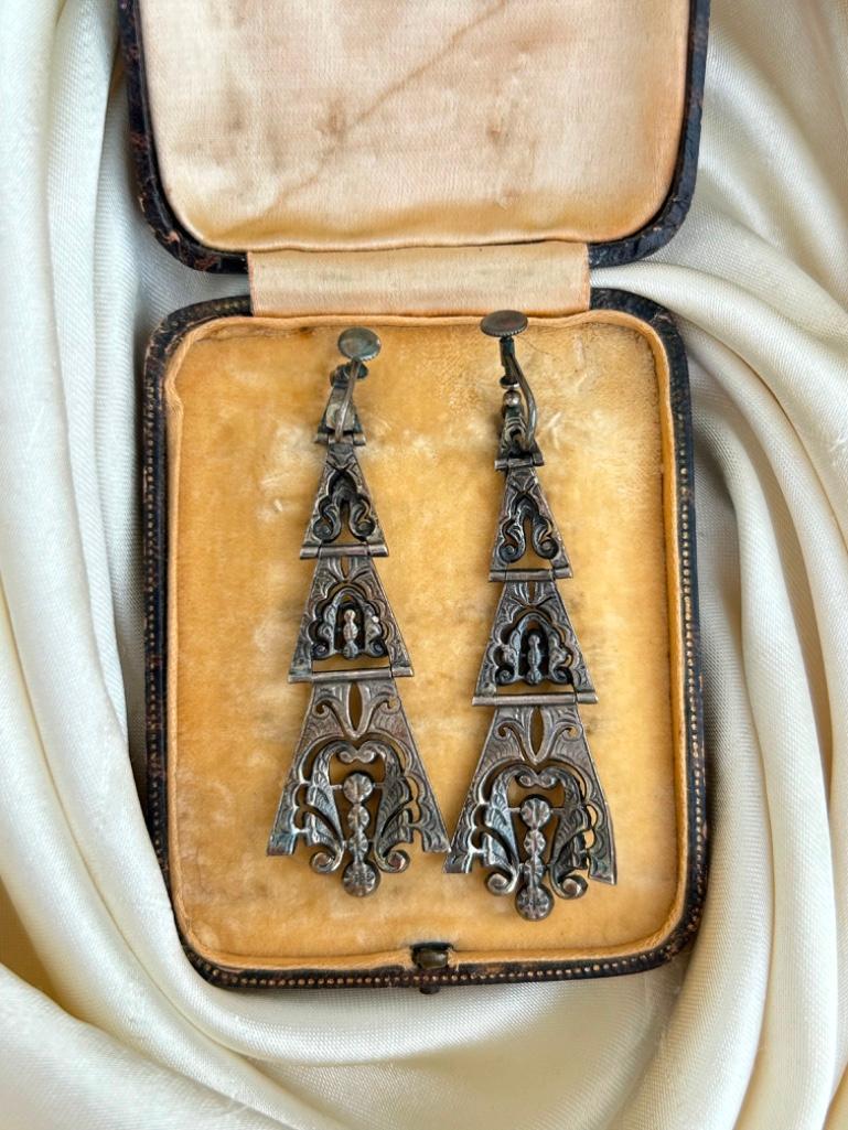 Art Deco Era Antique Silver and Paste Drop Earrings in Antique Box - Image 6 of 6