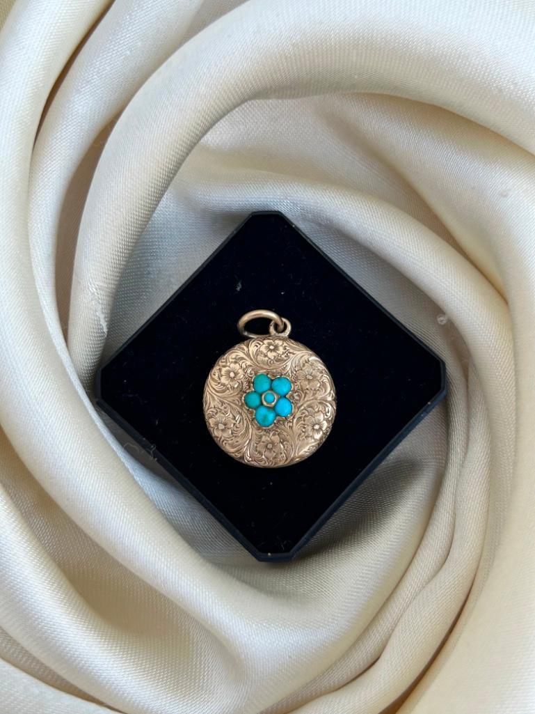 Antique Gold and Turquoise Locket Back Pendant - Image 2 of 3