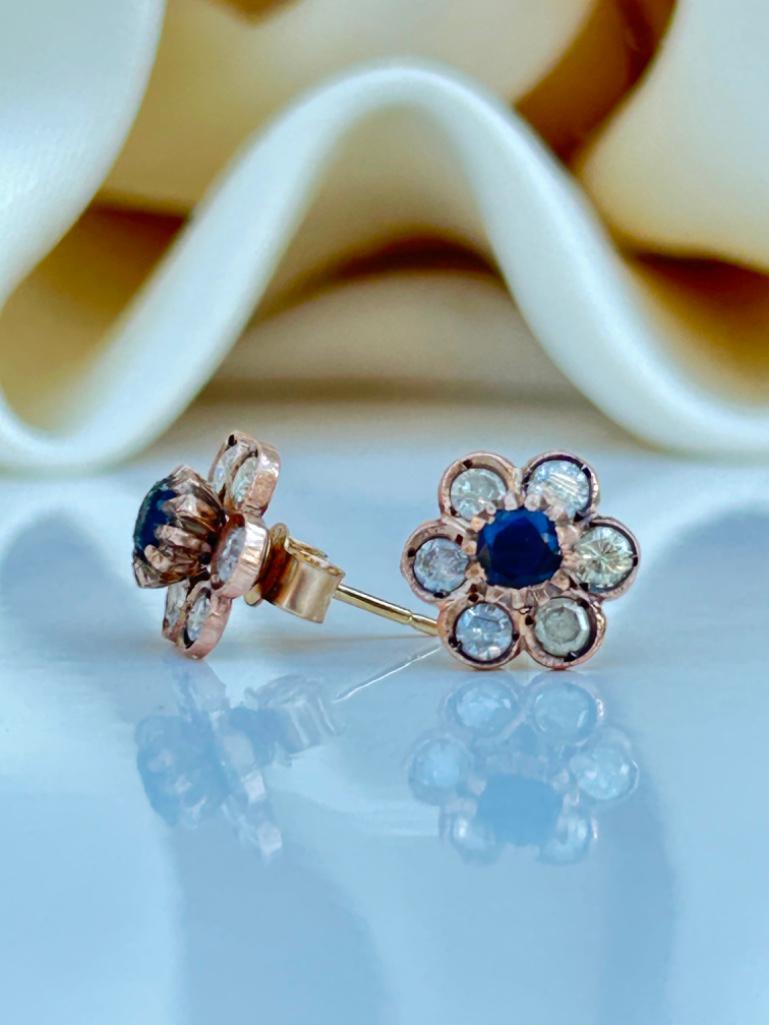 Gold Sapphire and Diamond Flower Stud Style Earrings - Image 5 of 6