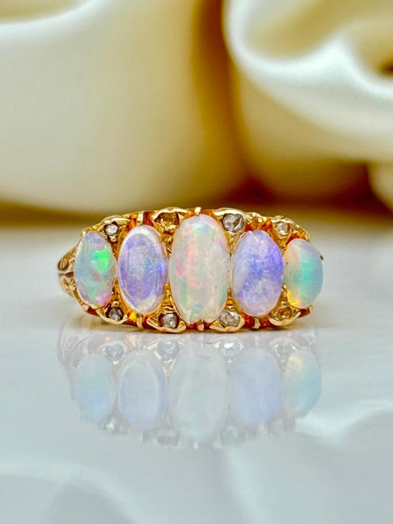 Antique Opal 5 Stone Ring with Diamonds Points