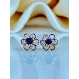 Gold Sapphire and Diamond Flower Stud Style Earrings