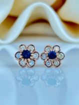 Gold Sapphire and Diamond Flower Stud Style Earrings