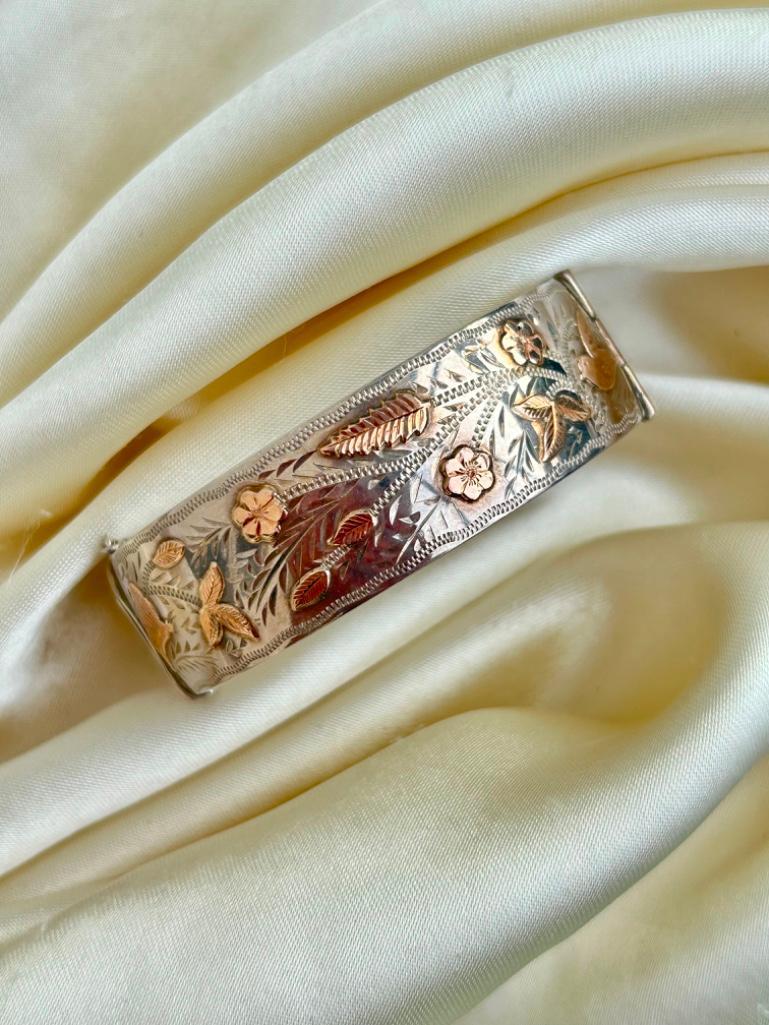 Victorian Era Chunky Silver Gold Overlay Bangle Bracelet
