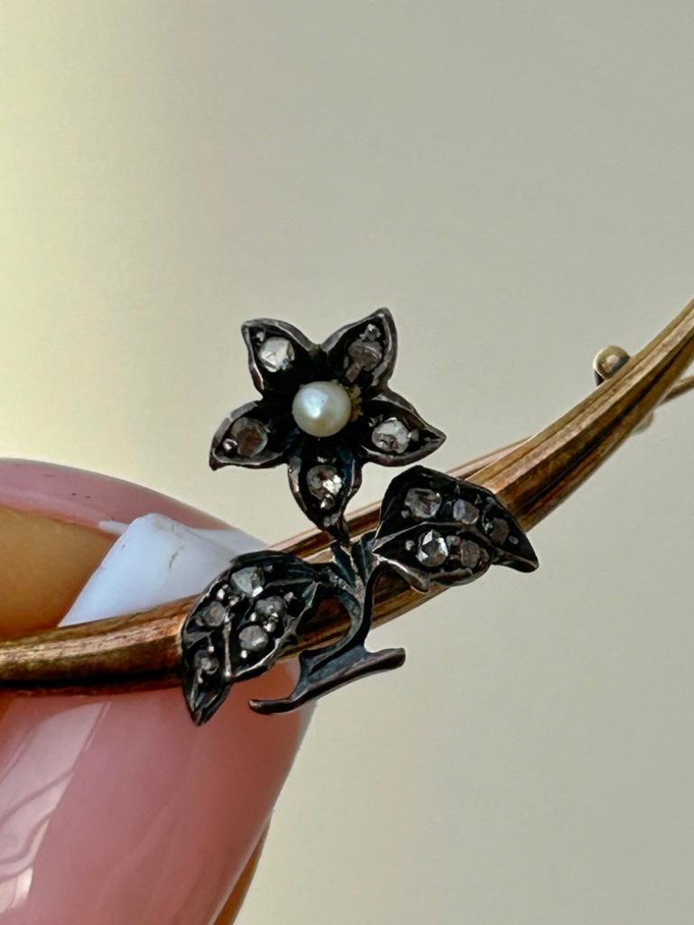 Antique Rose Cut Diamond and Pearl Flower Gold Crescent Brooch