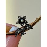 Antique Rose Cut Diamond and Pearl Flower Gold Crescent Brooch