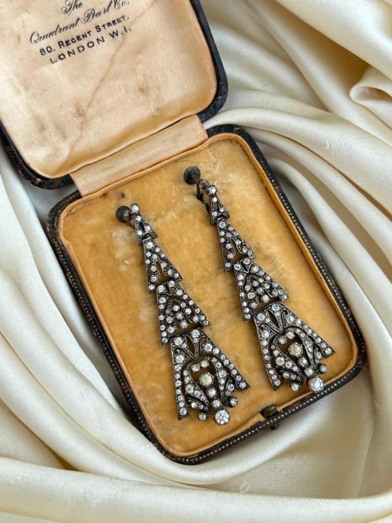 Art Deco Era Antique Silver and Paste Drop Earrings in Antique Box