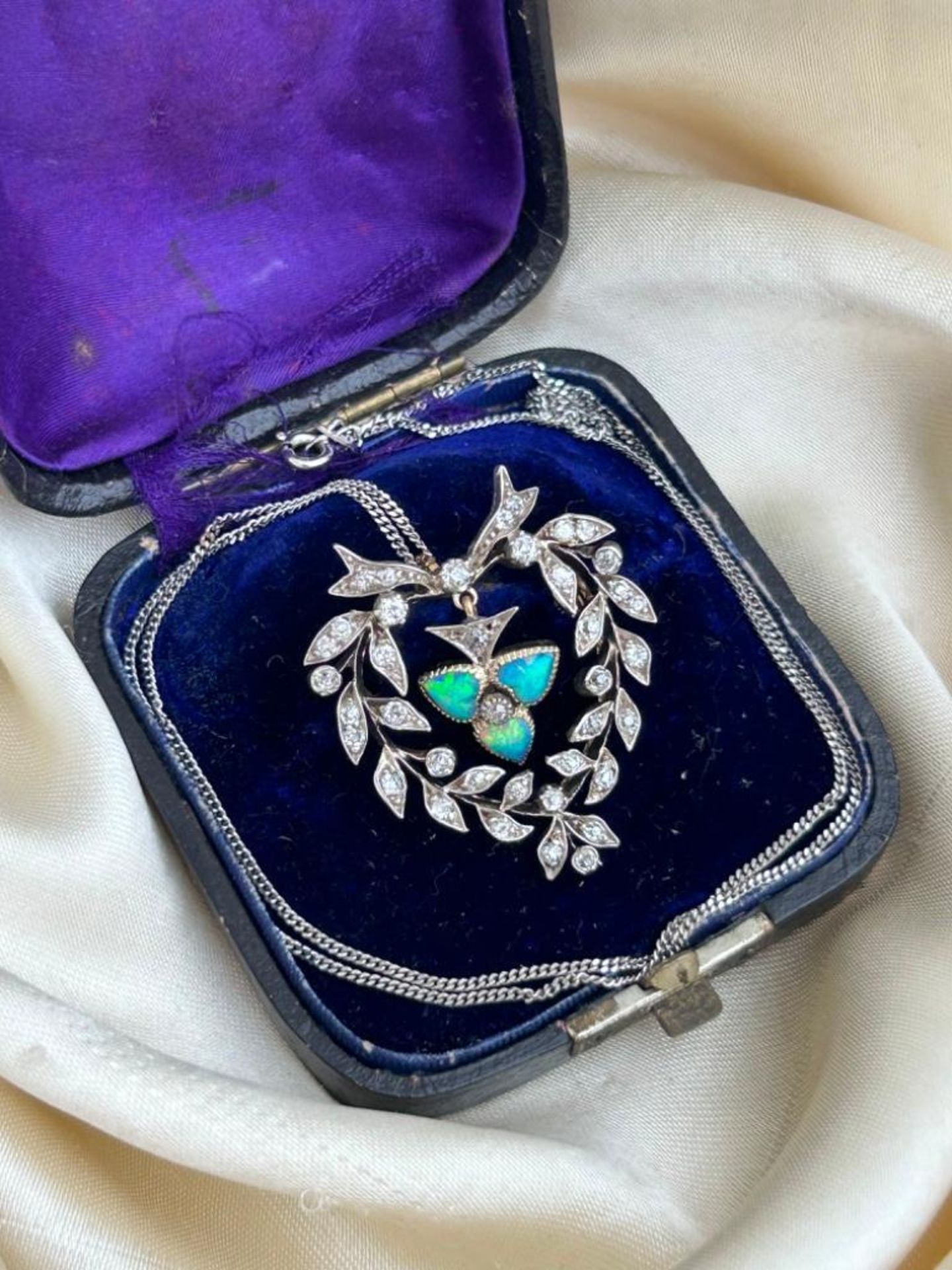 Incredible Antique Opal and Diamond Pendant on Platinum Chain in Original Fitted Box - Image 4 of 11