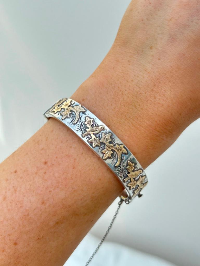 Antique Silver with Gold Over Lay Bangle Bracelet - Image 2 of 7