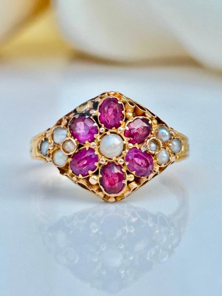 Antique Gold Ruby and Pearl Chunky Cluster Ring