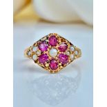 Antique Gold Ruby and Pearl Chunky Cluster Ring