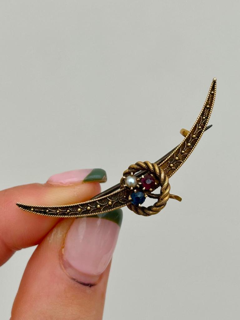Antique 15ct Yellow Gold Ruby, Pearl and Sapphire Crescent Bar Brooch