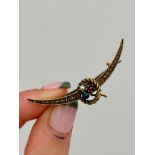Antique 15ct Yellow Gold Ruby, Pearl and Sapphire Crescent Bar Brooch