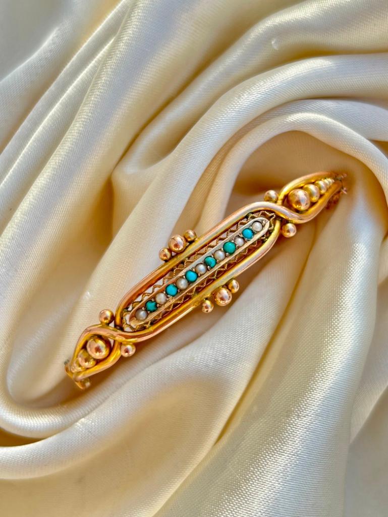 Wonderful Antique Pearl and Turquoise Bangle Bracelet