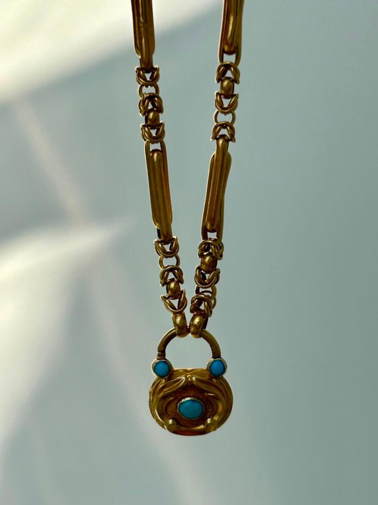 Victorian Era 18ct Yellow Gold Boxed Turquoise Padlock Bracelet - Image 5 of 7