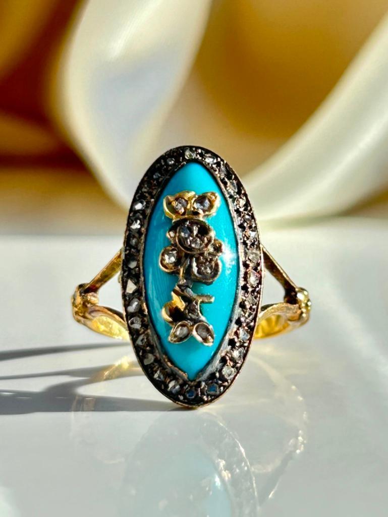 Amazing Antique Rose Cut Diamond and Blue Enamel Panel Ring in Gold