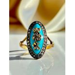 Amazing Antique Rose Cut Diamond and Blue Enamel Panel Ring in Gold