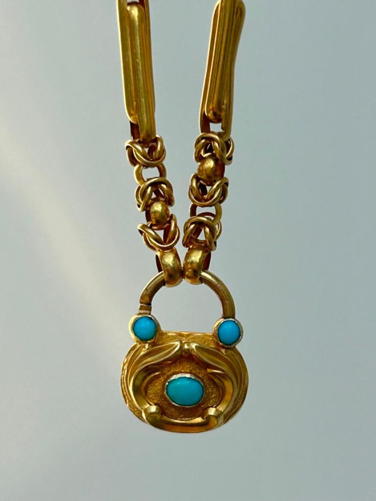 Victorian Era 18ct Yellow Gold Boxed Turquoise Padlock Bracelet - Image 3 of 7