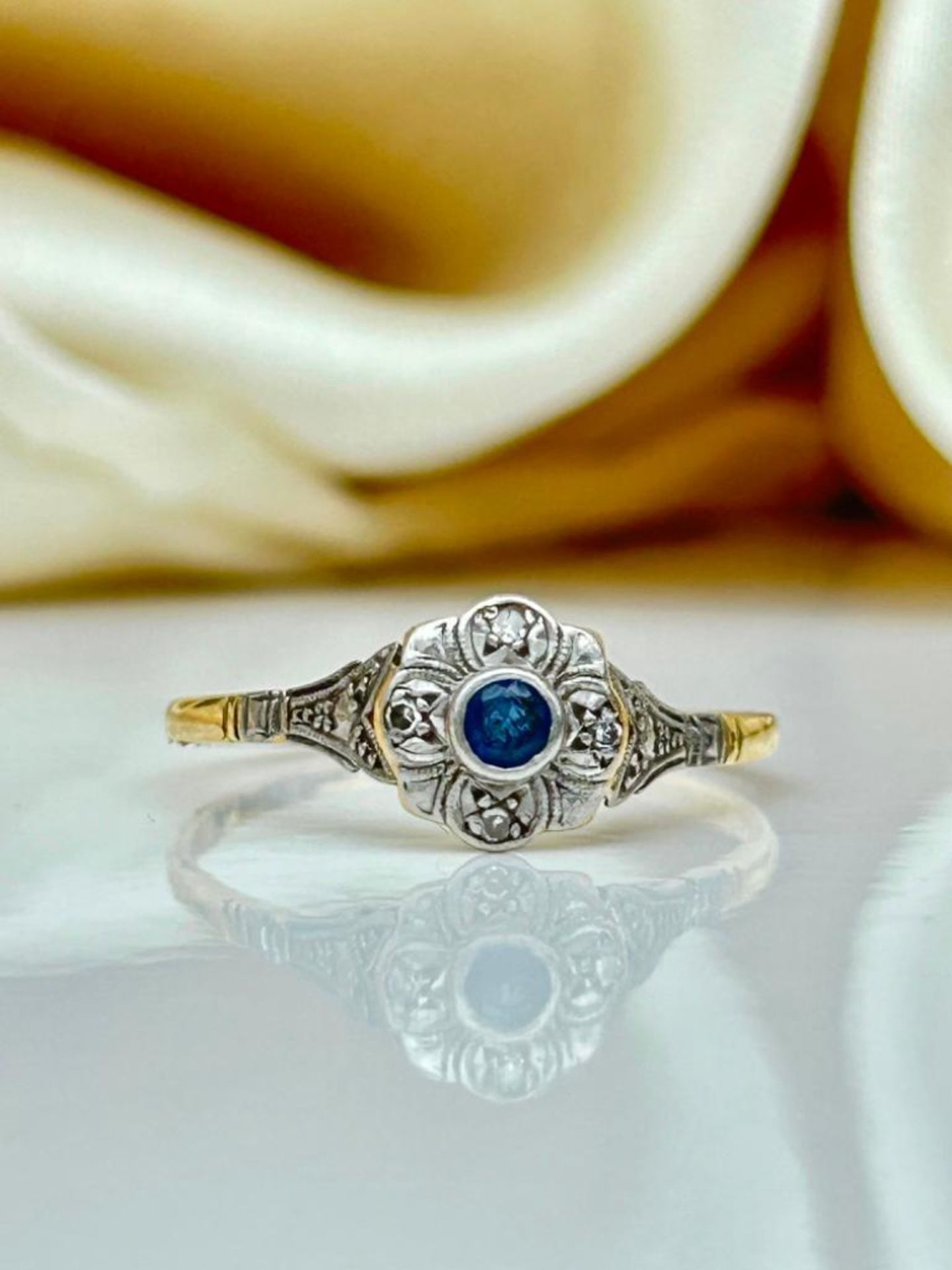 Art Deco Era 18ct Yellow Gold and Platinum Sapphire Diamond Ring