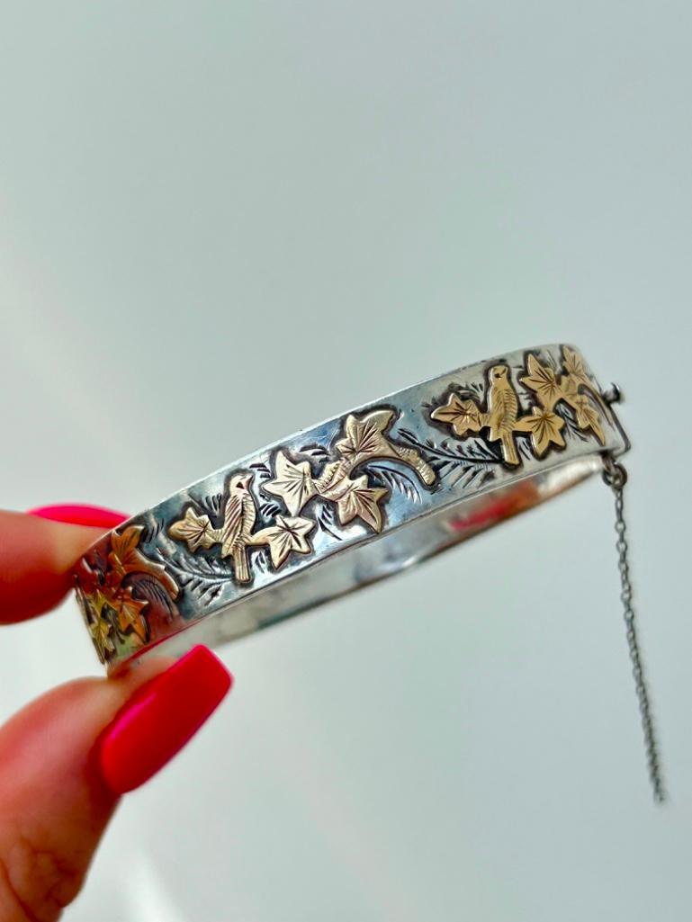 Antique Silver with Gold Over Lay Bangle Bracelet - Image 4 of 7