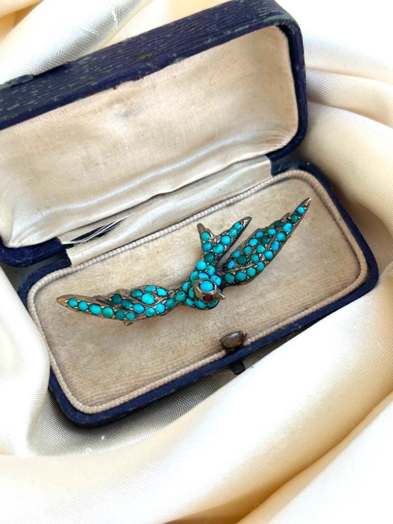 Victorian Era Antique Boxed Turquoise Bird Brooch - Image 5 of 5