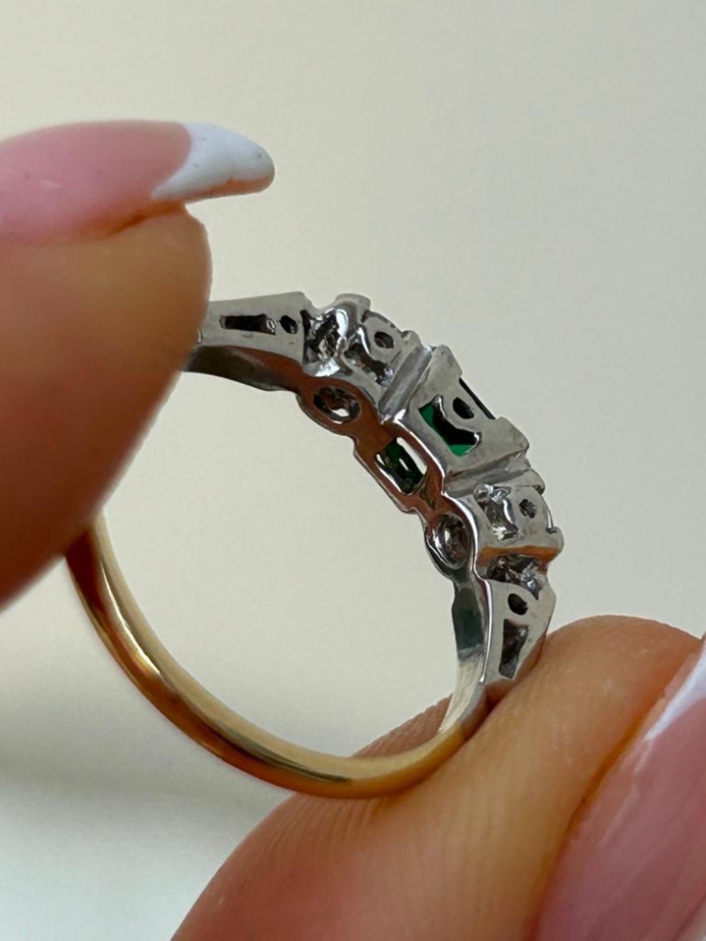 Sweet Emerald and Diamond 3 Stone Ring in Gold - Image 6 of 8