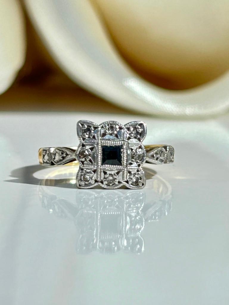 Sweet 18ct Yellow Gold and Platinum Sapphire and Diamond Square Ring