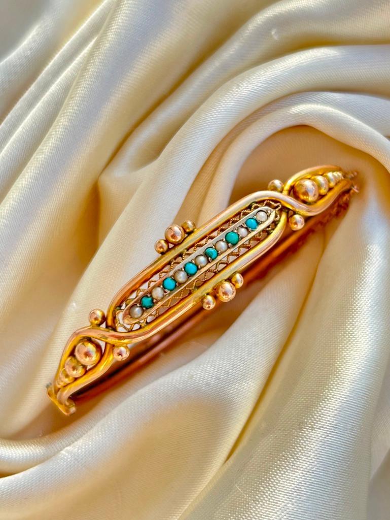 Wonderful Antique Pearl and Turquoise Bangle Bracelet - Image 7 of 7