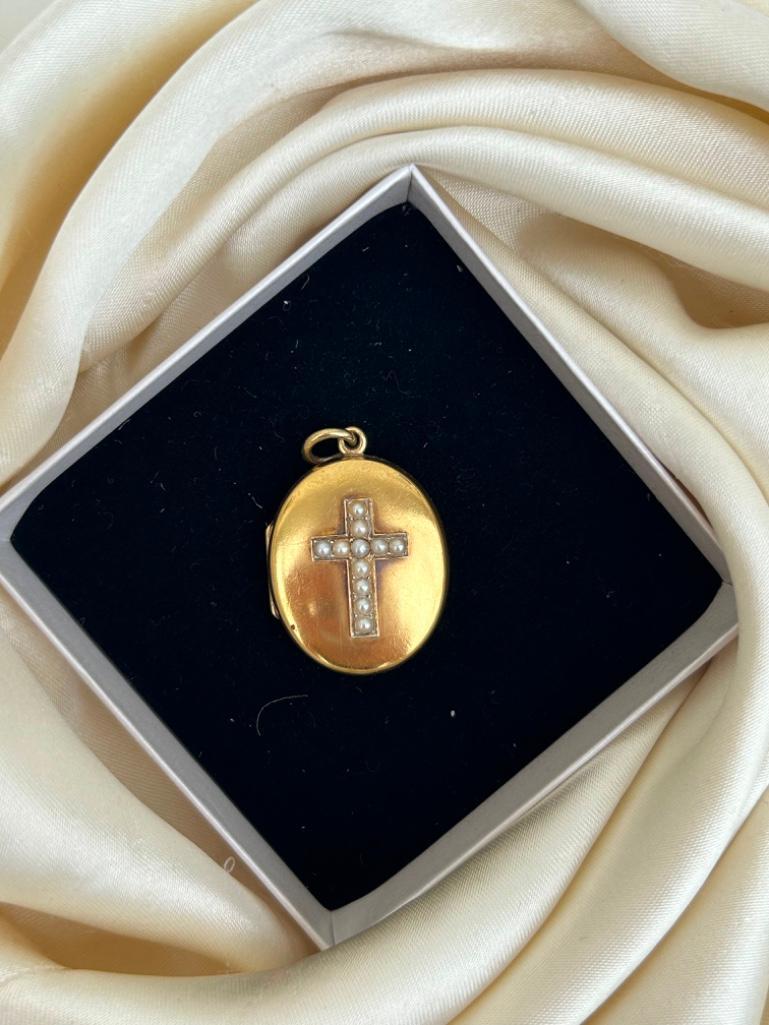 Antique 18ct Yellow Gold Pearl Cross Locket Pendant - Image 4 of 6