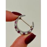 Vintage 9ct Gold Ruby and Diamond Crescent Brooch
