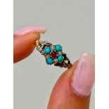 Antique Gold Turquoise Pearl and Garnet Flower Ring AF