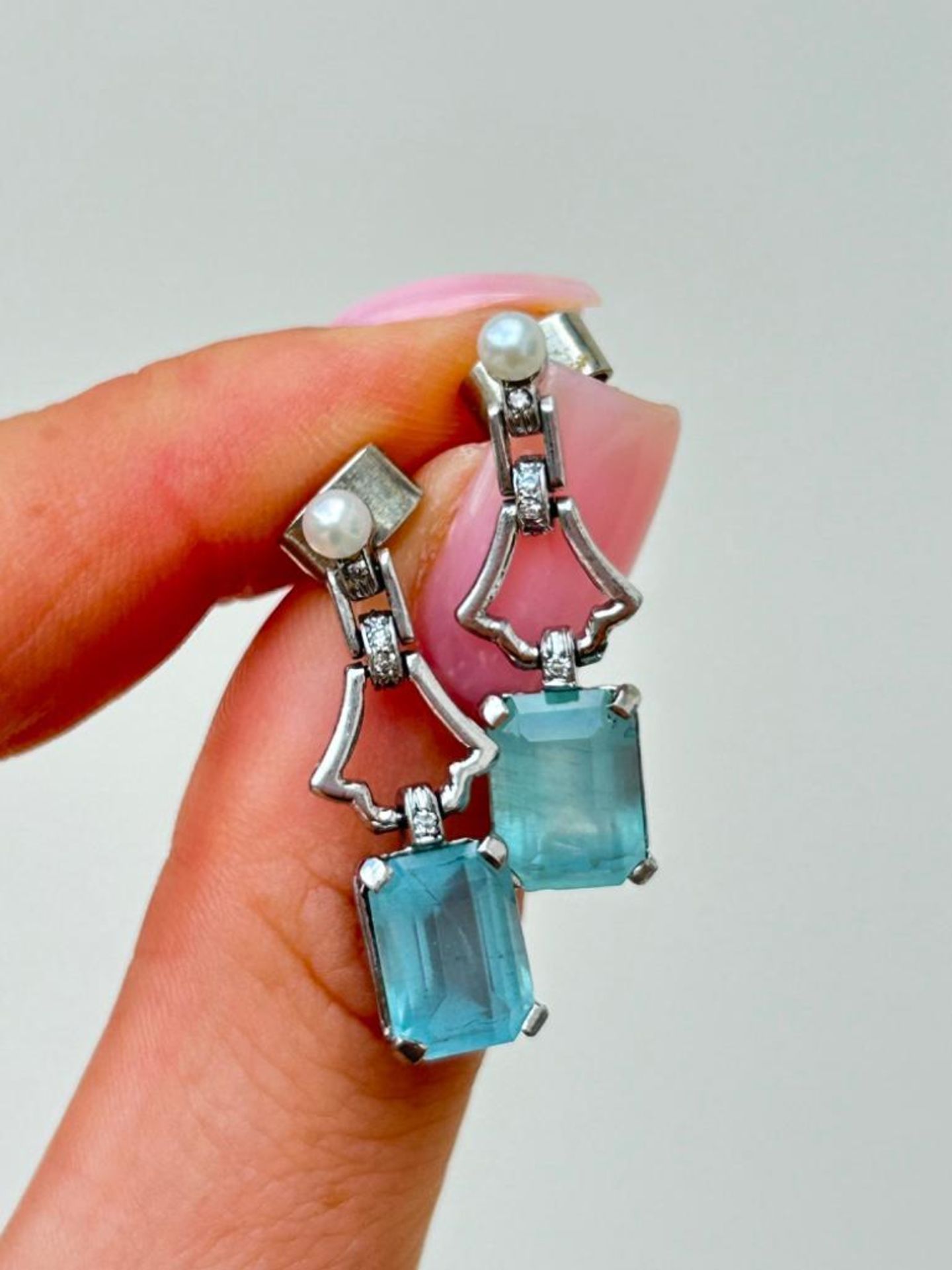 Aquamarine Diamond and Pearl 18ct White Gold Drop Earrings - Image 3 of 6