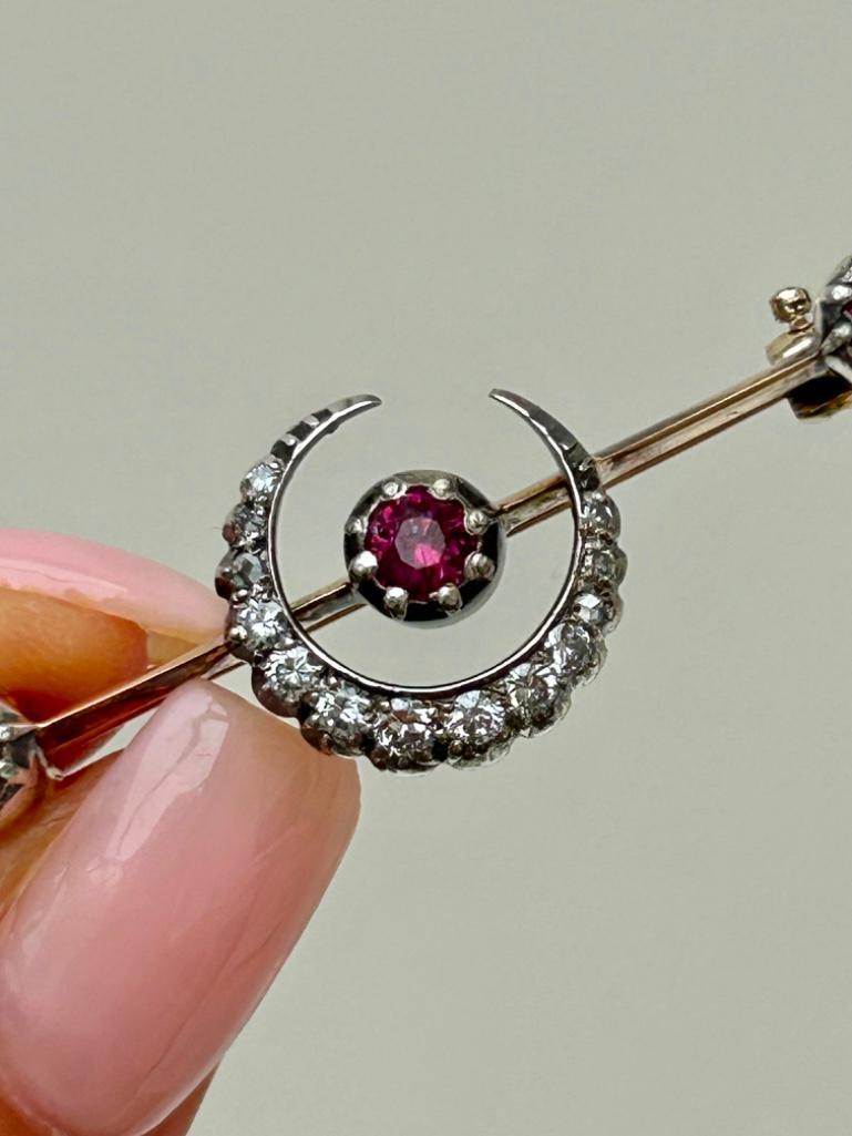 Large Antique Ruby and Diamond Boxed Crescent Brooch in Gold