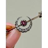 Large Antique Ruby and Diamond Boxed Crescent Brooch in Gold