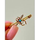 Antique 15ct Yellow Gold Pearl and Turquoise Bug Safety Pin Brooch